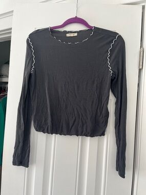 Madewell Black Long-Sleeve Top with White Lettuce-Edge Trim